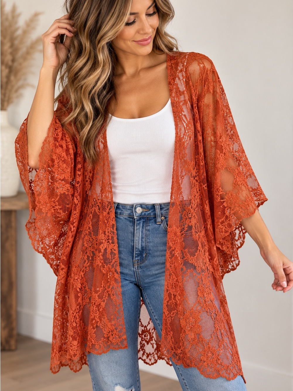 Polly Esther Large Rust Orange Floral Lace Kimono Cardigan Sheer Boho
